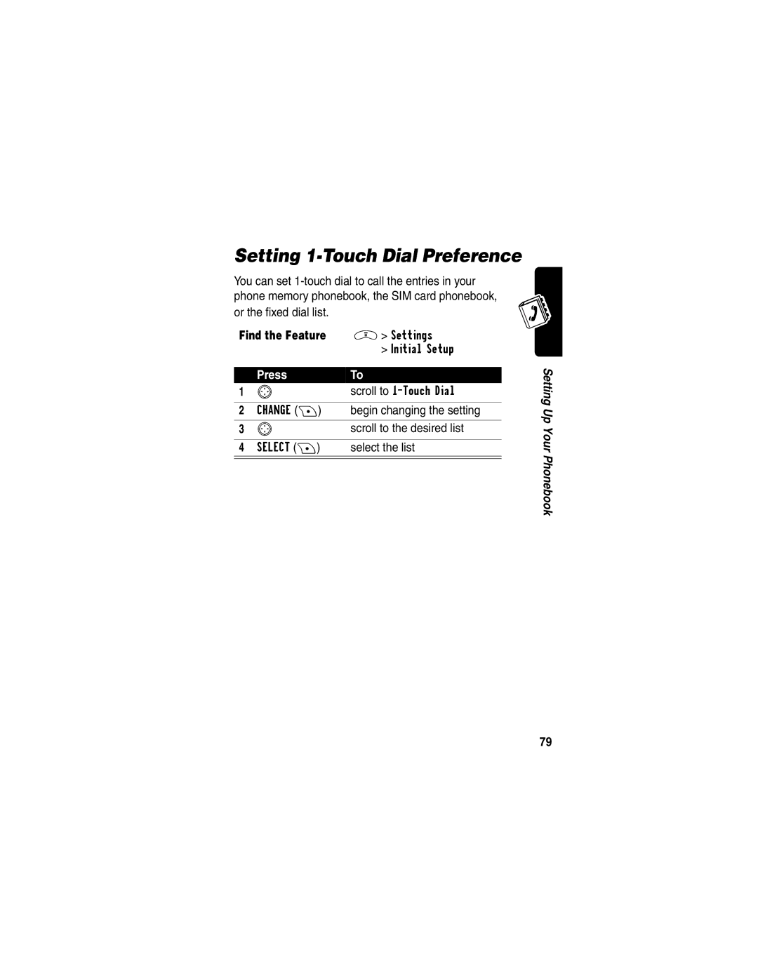 Motorola V290 Setting 1-Touch Dial Preference, Begin changing the setting, Scroll to the desired list, Select the list 