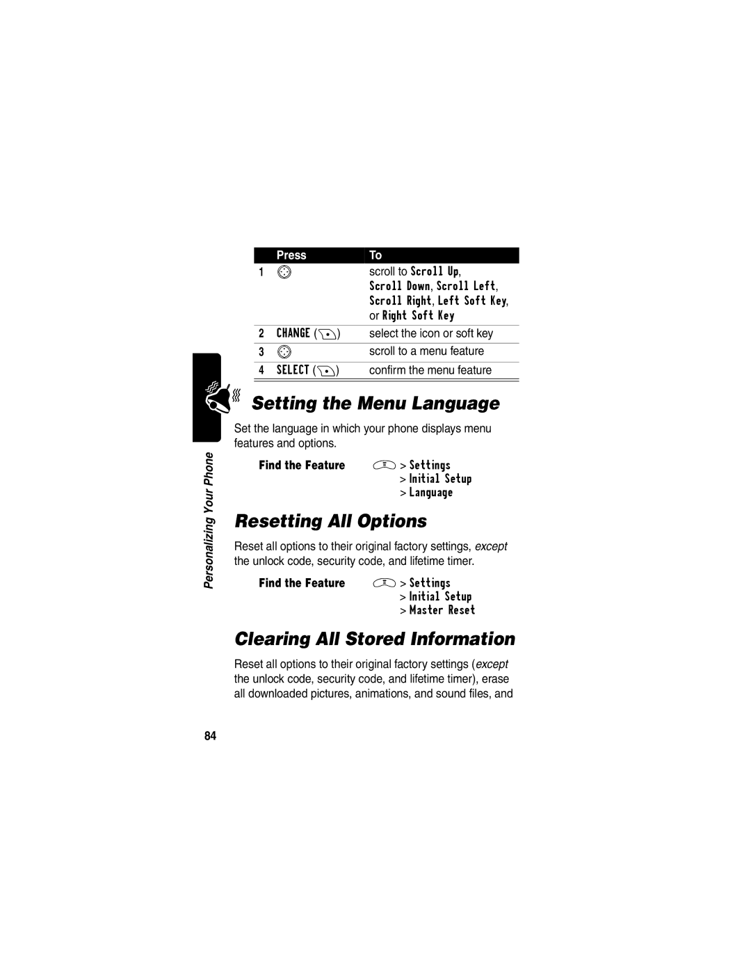 Motorola V290 manual Setting the Menu Language, Resetting All Options, Clearing All Stored Information, Scroll to Scroll Up 