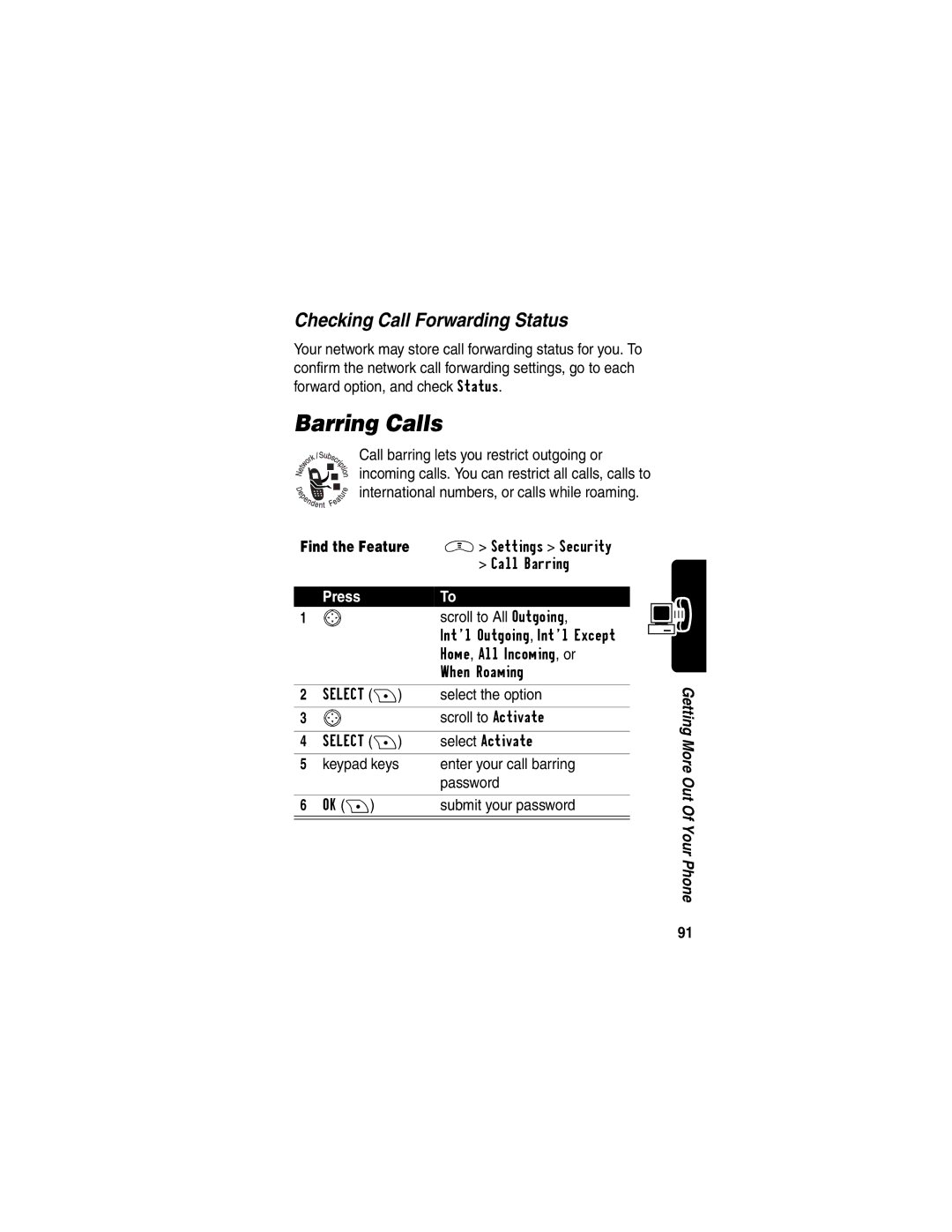 Motorola V290 manual Barring Calls, Checking Call Forwarding Status, Find the Feature M Settings Security 