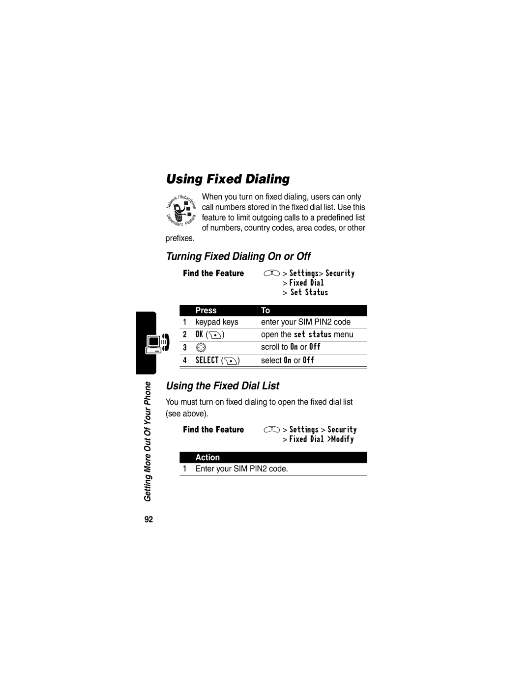 Motorola V290 manual Using Fixed Dialing, Turning Fixed Dialing On or Off, Using the Fixed Dial List 