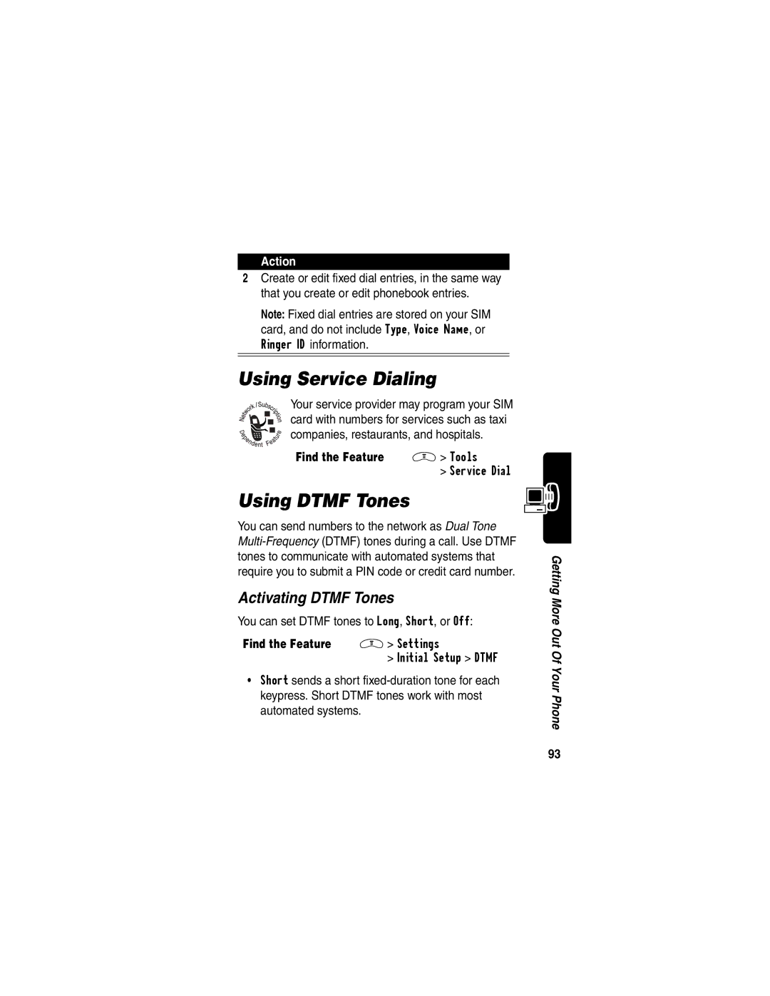 Motorola V290 manual Using Service Dialing, Using Dtmf Tones, Activating Dtmf Tones 