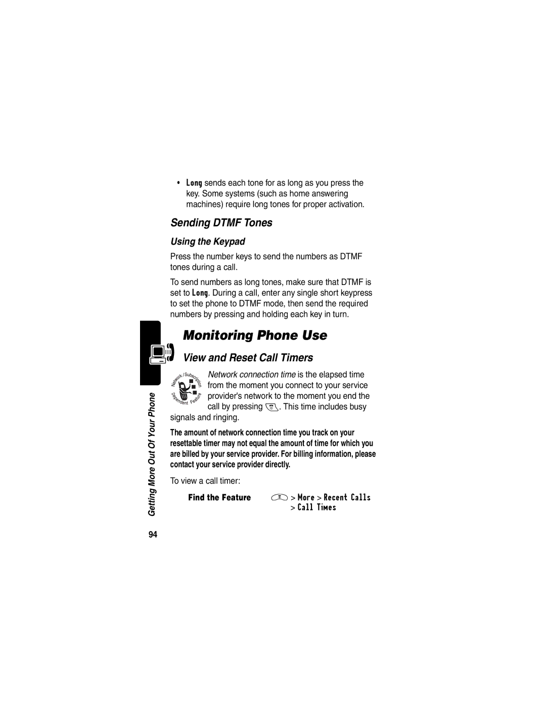 Motorola V290 manual Monitoring Phone Use, Sending Dtmf Tones, View and Reset Call Timers, Using the Keypad 