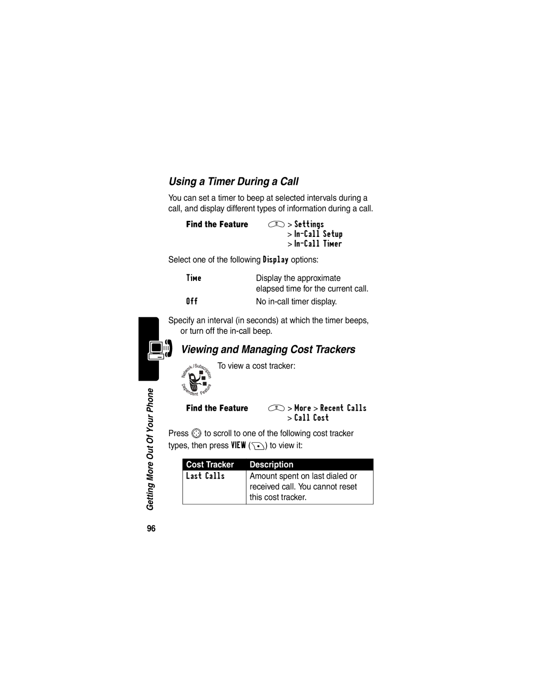 Motorola V290 manual Using a Timer During a Call, Viewing and Managing Cost Trackers, Cost Tracker Description 