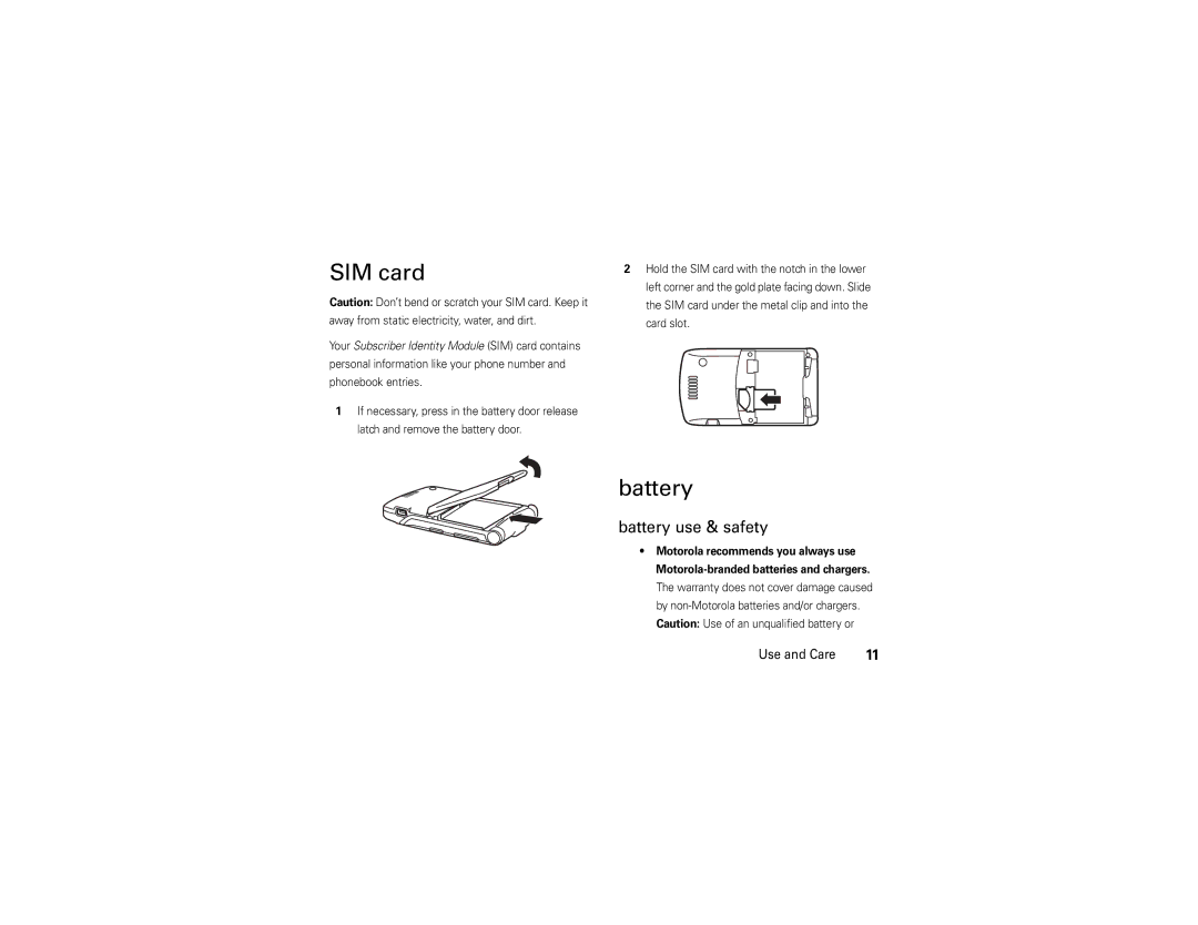 Motorola V3 manual SIM card, Battery use & safety 