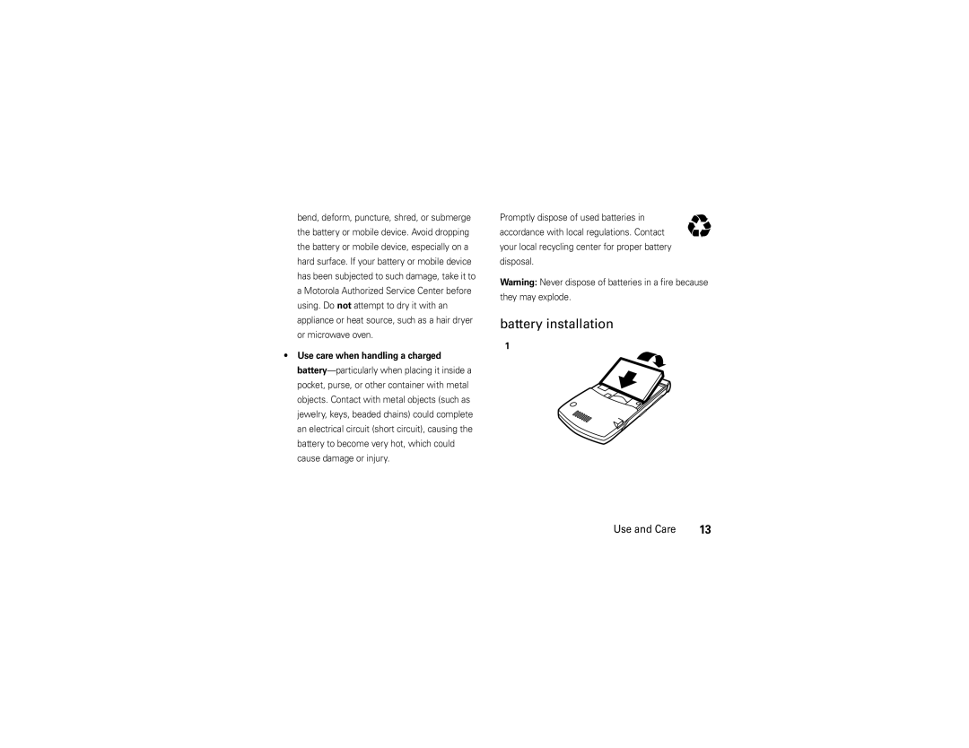 Motorola V3 manual Battery installation 