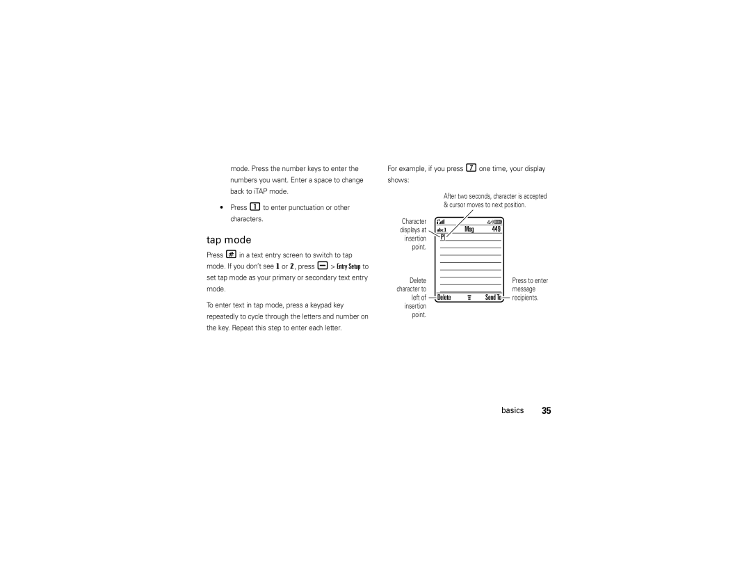 Motorola V3 manual Tap mode, Msg 449, For example, if you press 7one time, your display Shows 