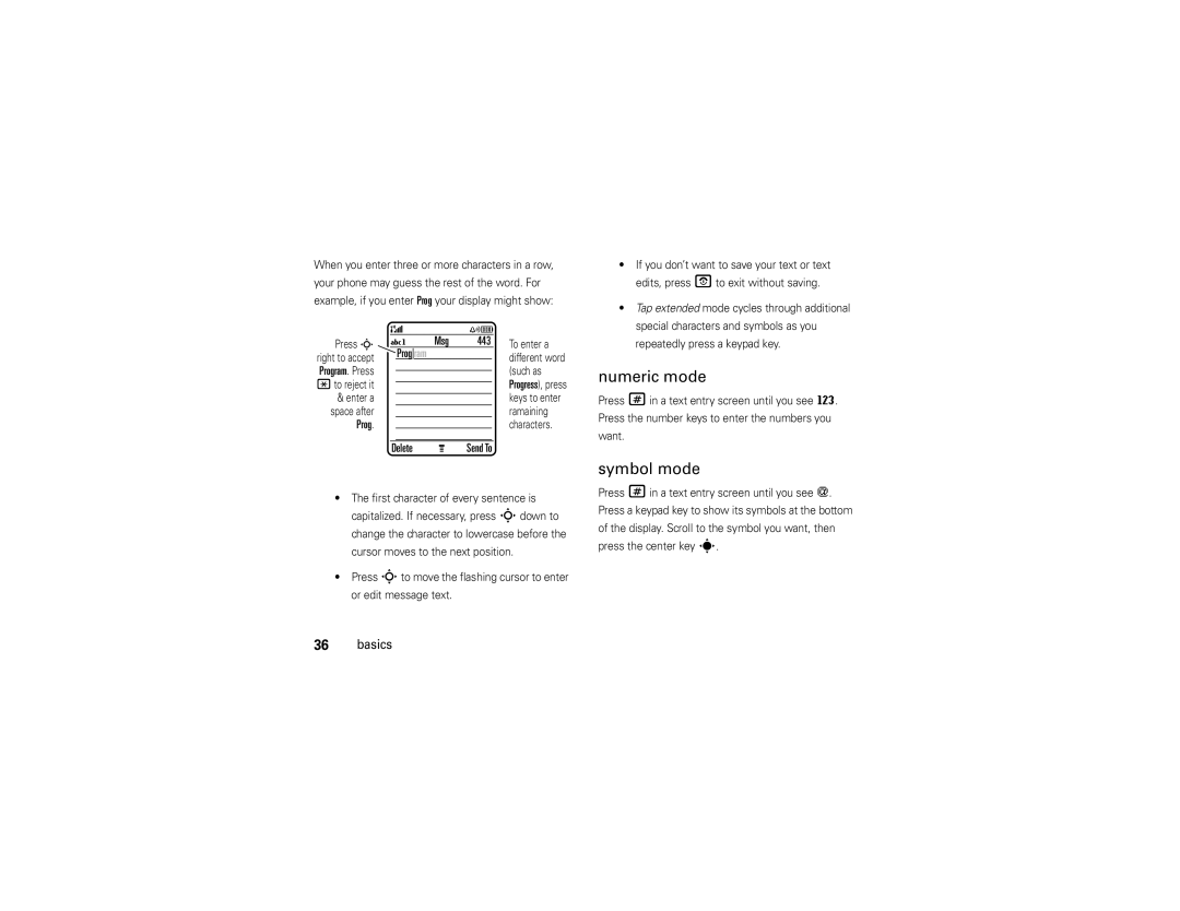 Motorola V3 manual Numeric mode, Symbol mode, Msg 443, Prog 