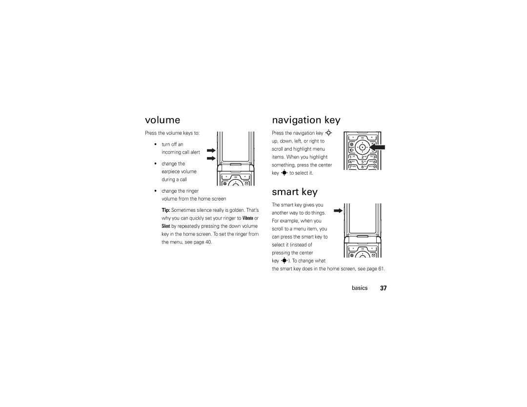 Motorola V3 manual Volume, Navigation key, Smart key 
