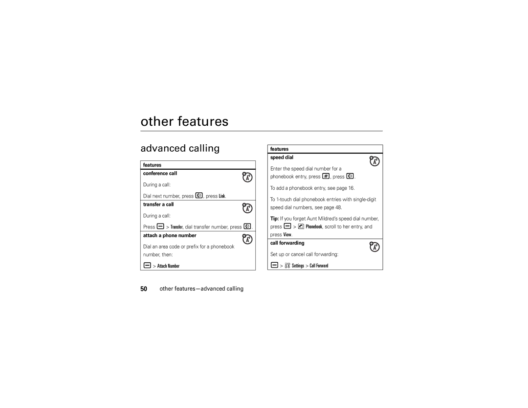 Motorola V3 manual Advanced calling, Attach Number, WSettings Call Forward Other features-advanced calling 