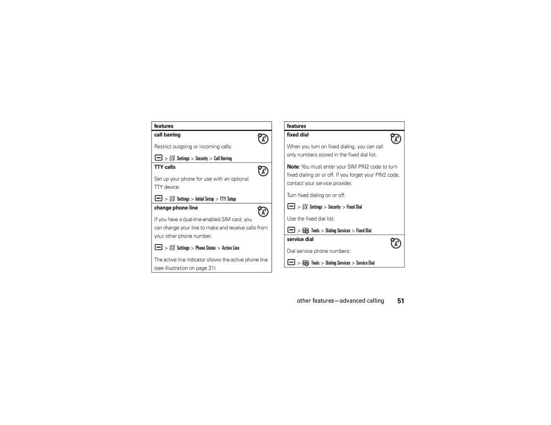 Motorola V3 manual Settings Security Call Barring, Settings Initial Setup TTY Setup, Settings Phone Status Active Line 