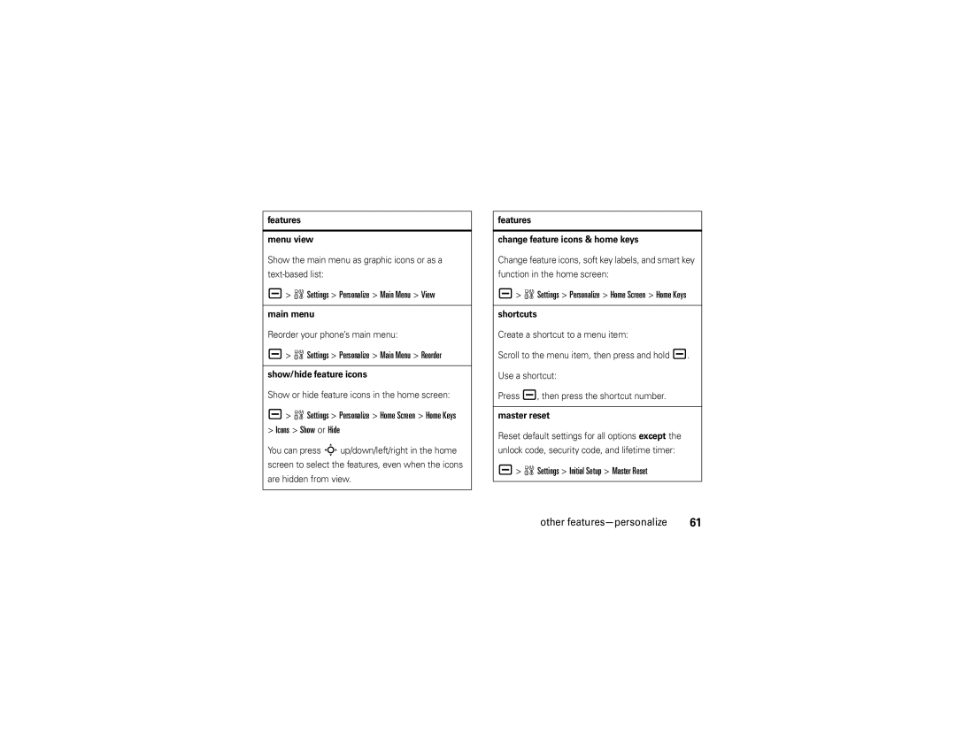 Motorola V3 manual Settings Personalize Main Menu View, Icons Show or Hide 