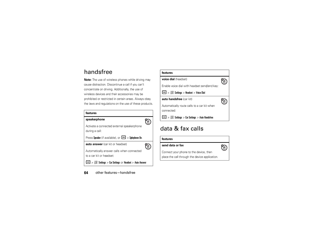 Motorola V3 manual Data & fax calls, WSettings Headset Voice Dial, WSettings Car Settings Auto Handsfree 