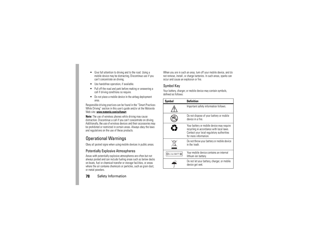 Motorola V3 manual Use handsfree operation, if available, Do not place a mobile device in the airbag deployment area 