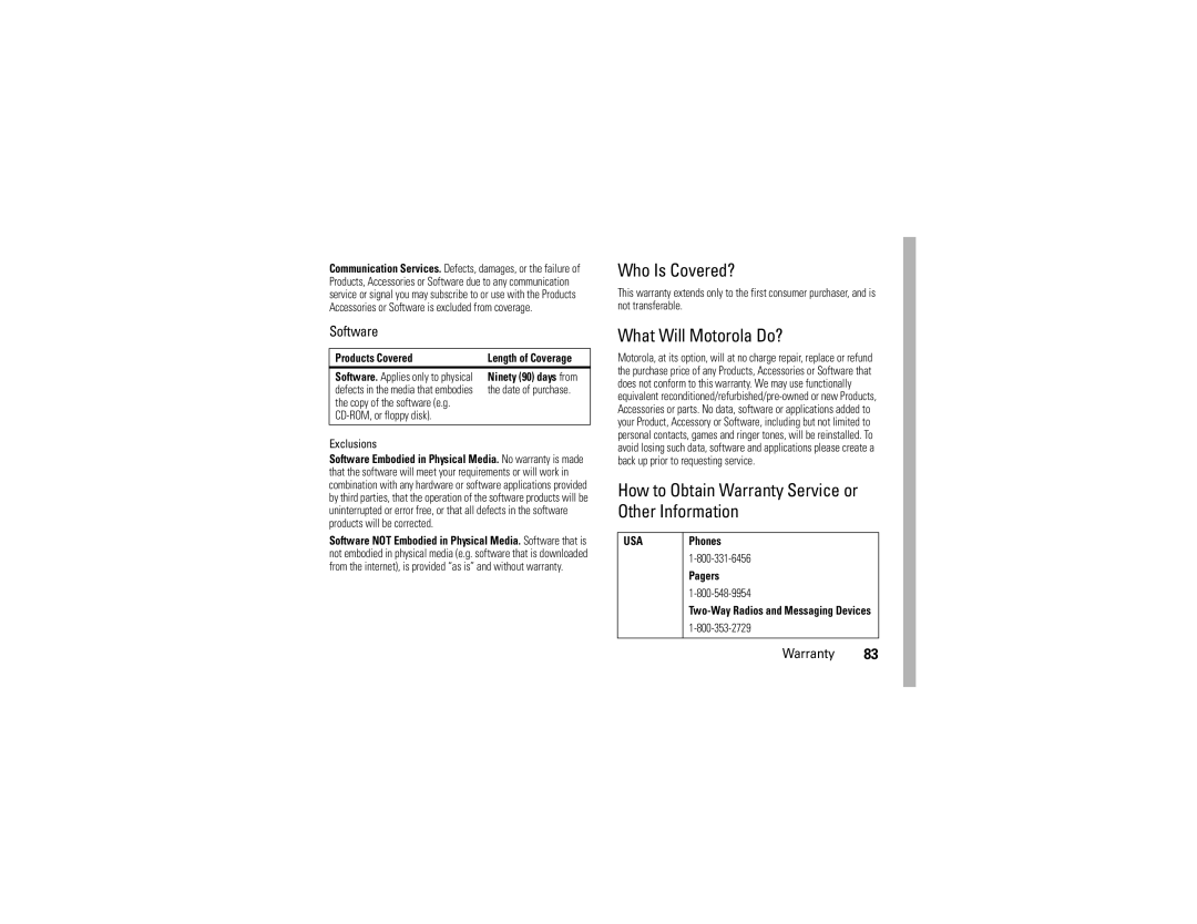 Motorola V3 manual Software, CD-ROM, or floppy disk Exclusions 