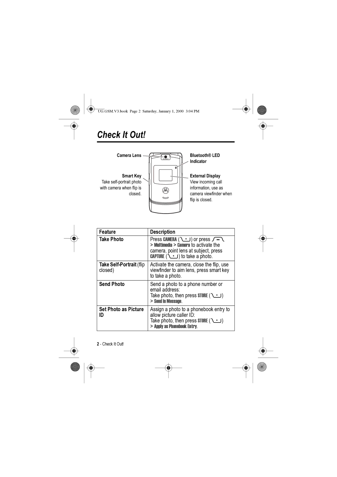 Motorola V3 manual Check It Out, Feature Description Take Photo, Send Photo, Send In Message, Apply as Phonebook Entry 