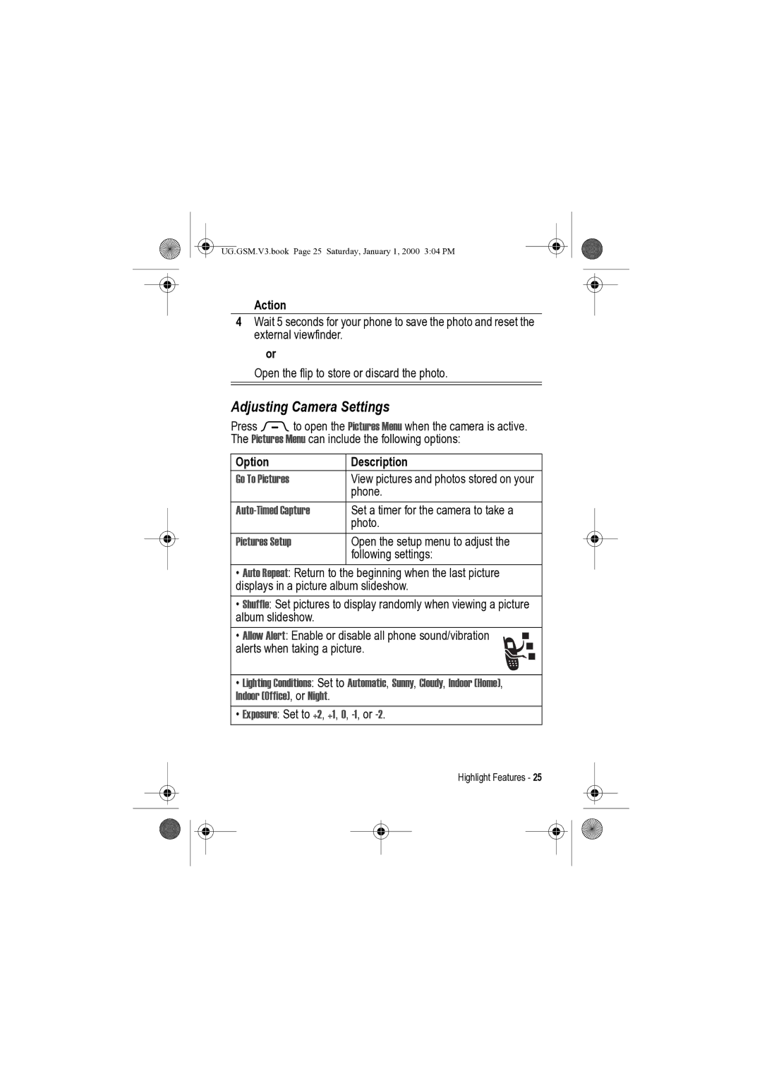 Motorola V3 manual Adjusting Camera Settings, Go To Pictures, Auto-Timed Capture, Pictures Setup 