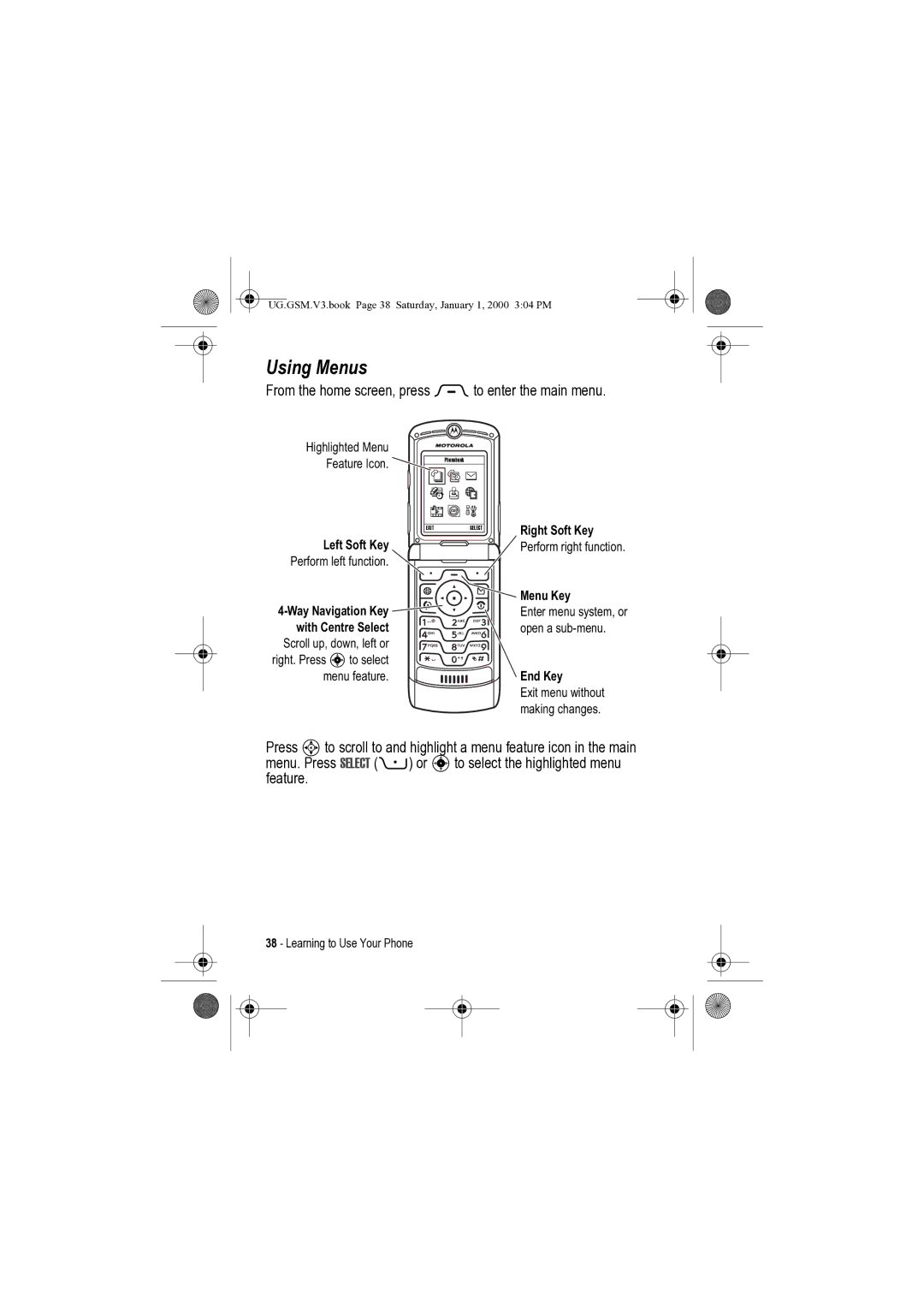 Motorola V3 manual Using Menus, From the home screen, press Mto enter the main menu 