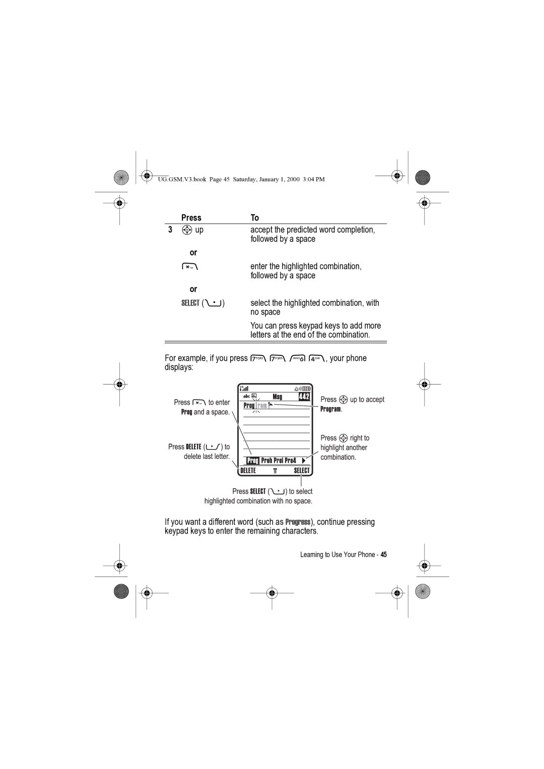 Motorola V3 manual Press Sup, Followed by a space, No space, For example, if you press 7764, your phone displays 