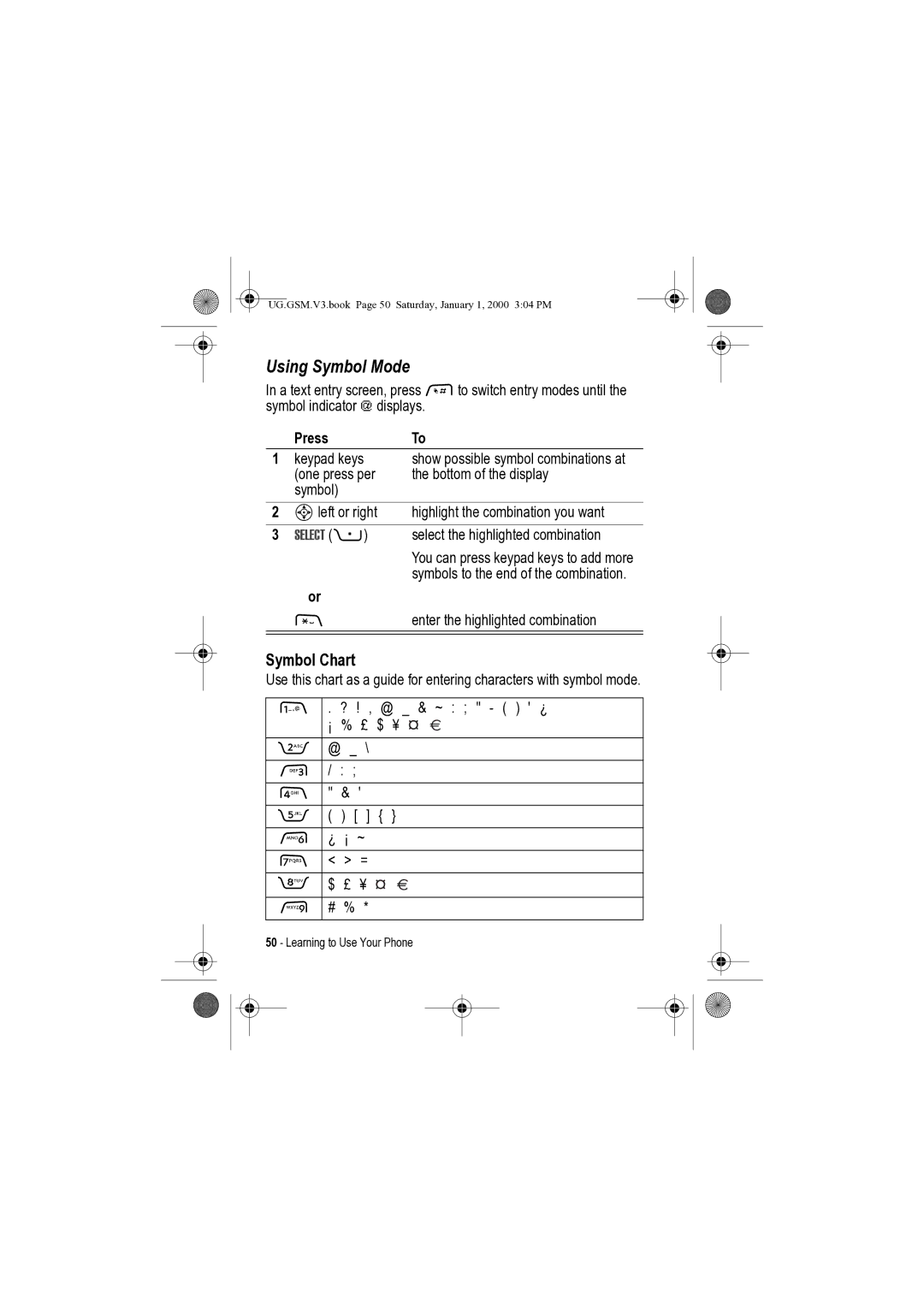 Motorola V3 manual Using Symbol Mode, One press per Bottom of the display Symbol Sleft or right 