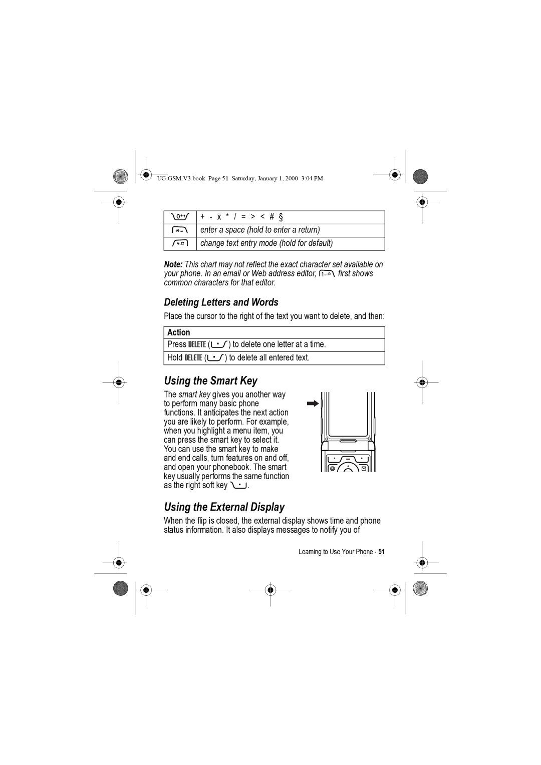 Motorola V3 manual Using the Smart Key, Using the External Display, Deleting Letters and Words, + x * / = # § 