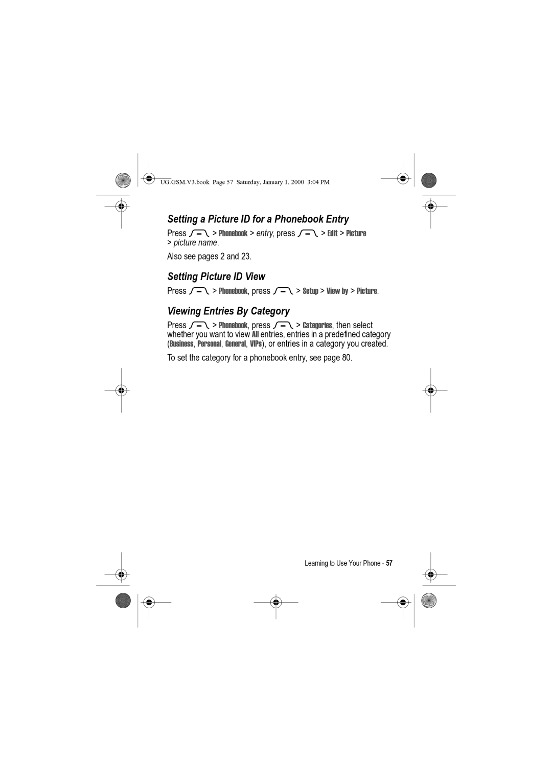 Motorola V3 manual Setting a Picture ID for a Phonebook Entry, Setting Picture ID View, Viewing Entries By Category 