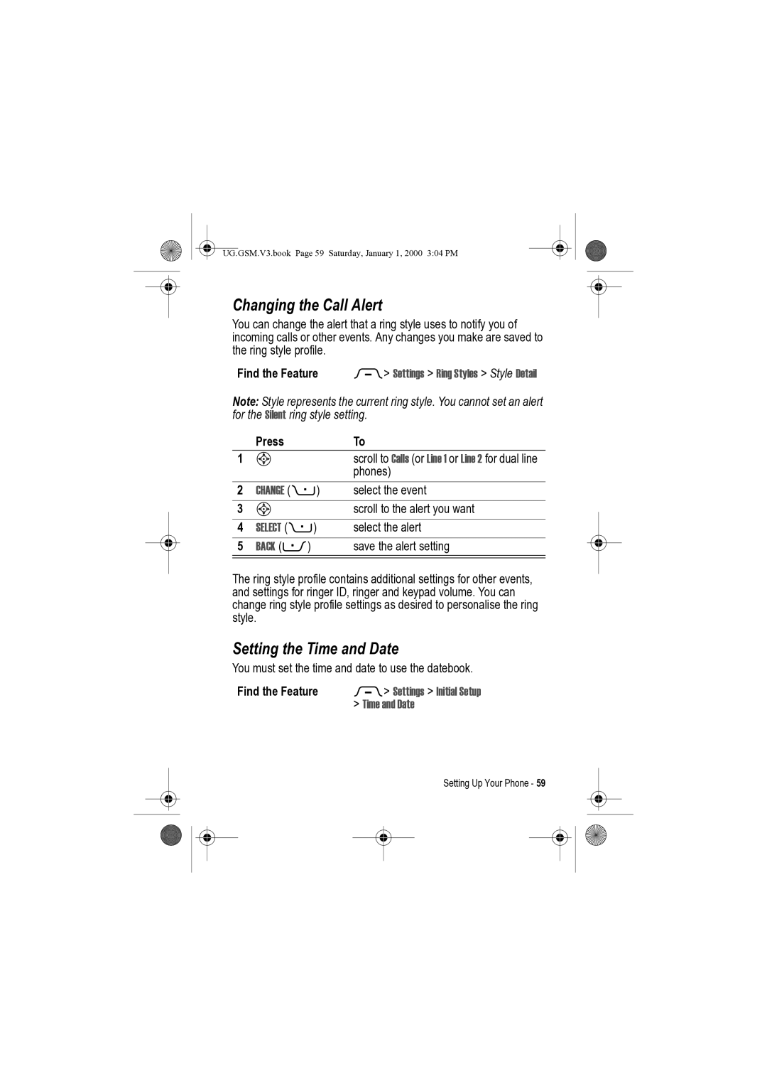 Motorola V3 Changing the Call Alert, Setting the Time and Date, Settings Ring Styles Style Detail, Settings Initial Setup 