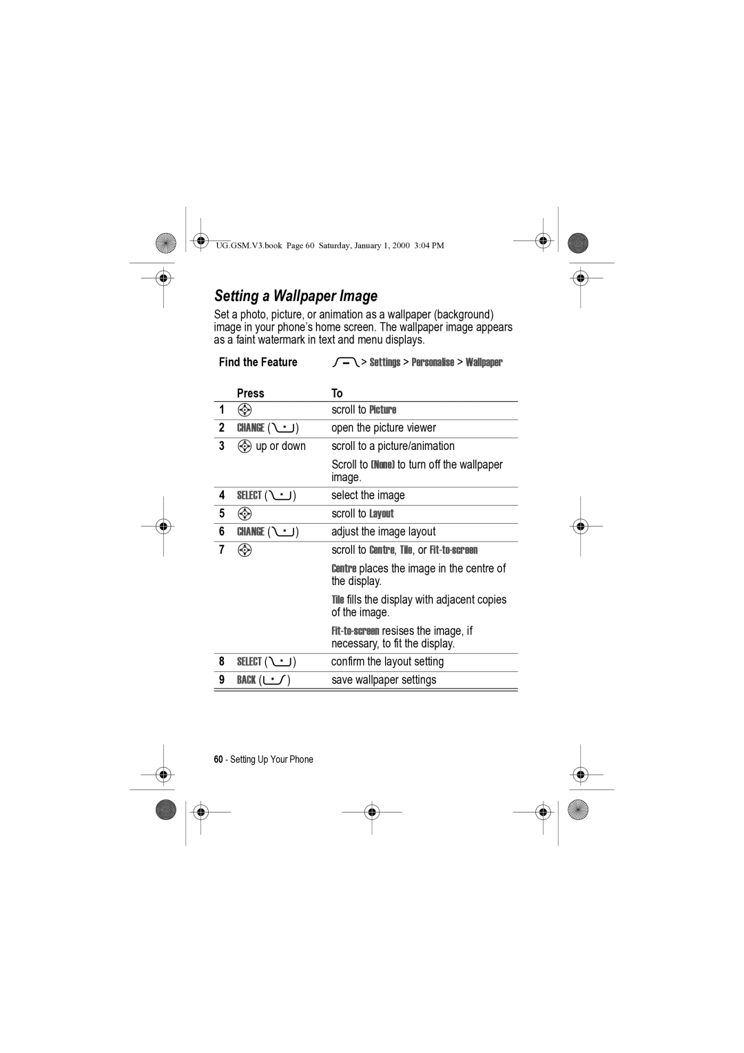 Motorola V3 manual Setting a Wallpaper Image, Settings Personalise Wallpaper, Scroll to Centre, Tile, or Fit-to-screen 