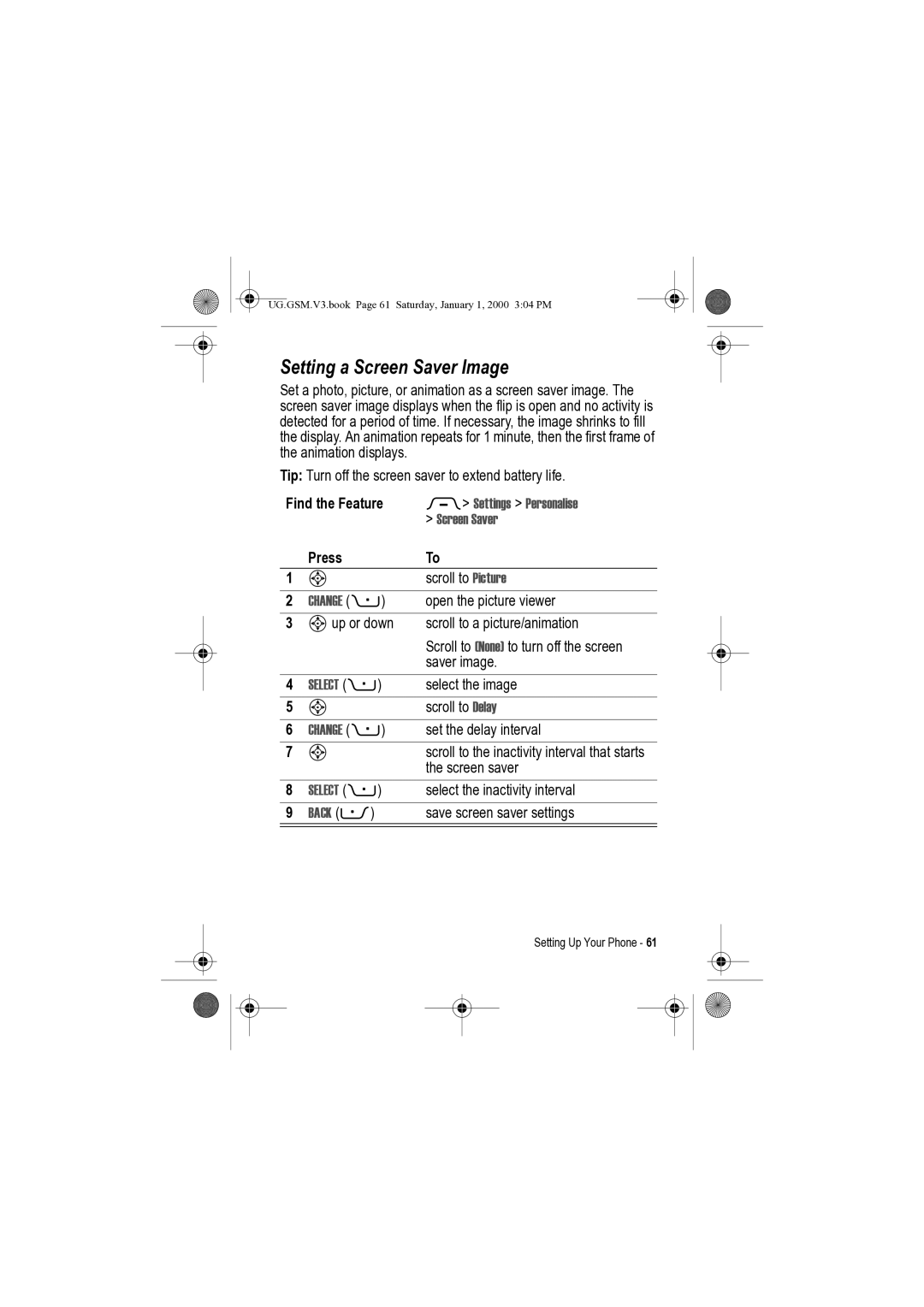 Motorola V3 manual Setting a Screen Saver Image, Settings Personalise 