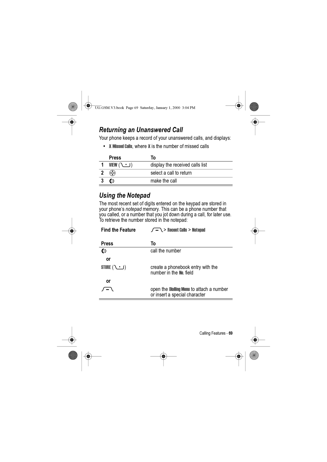 Motorola V3 manual Returning an Unanswered Call, Using the Notepad, Press To 