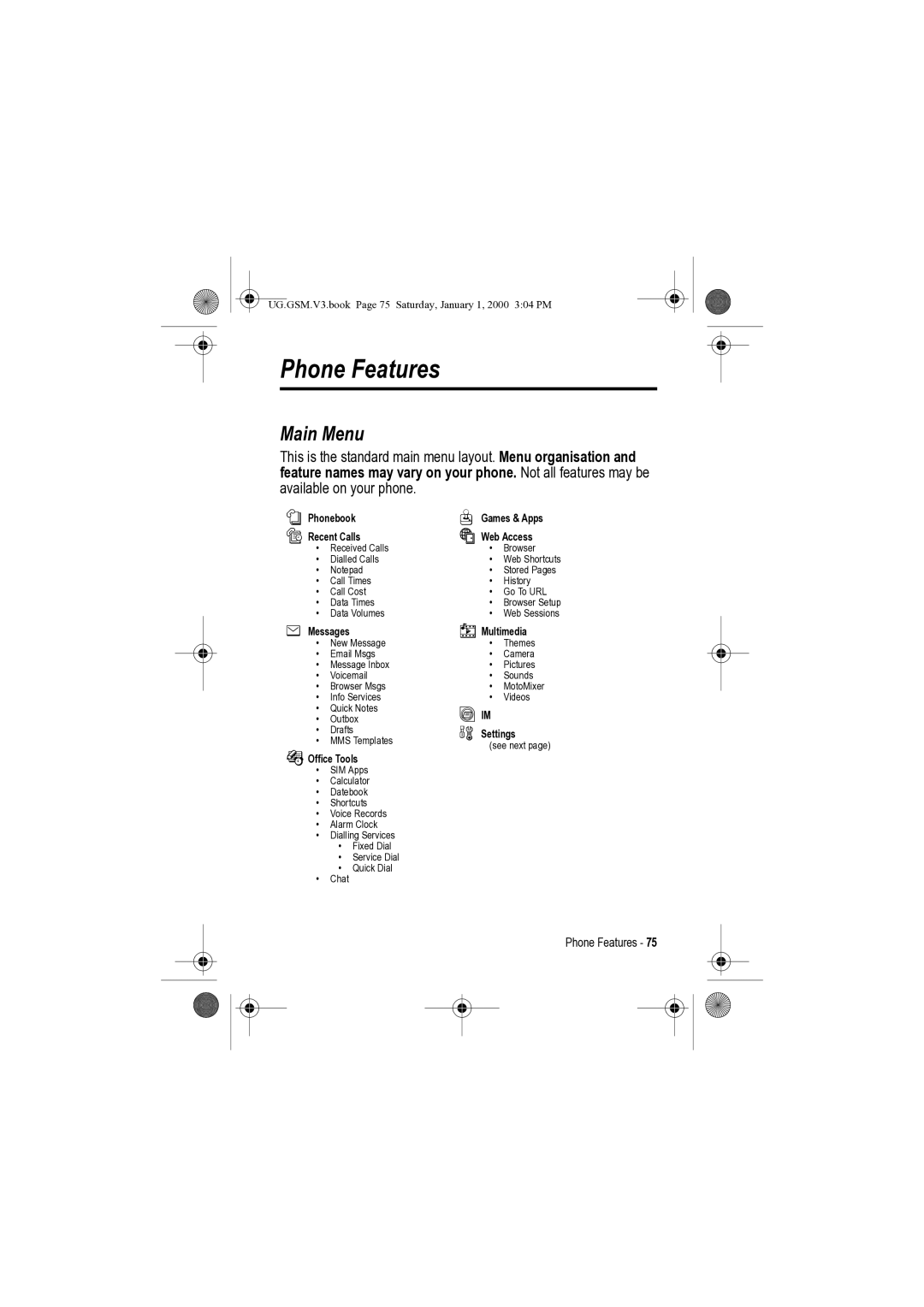 Motorola V3 manual Phone Features, Main Menu 