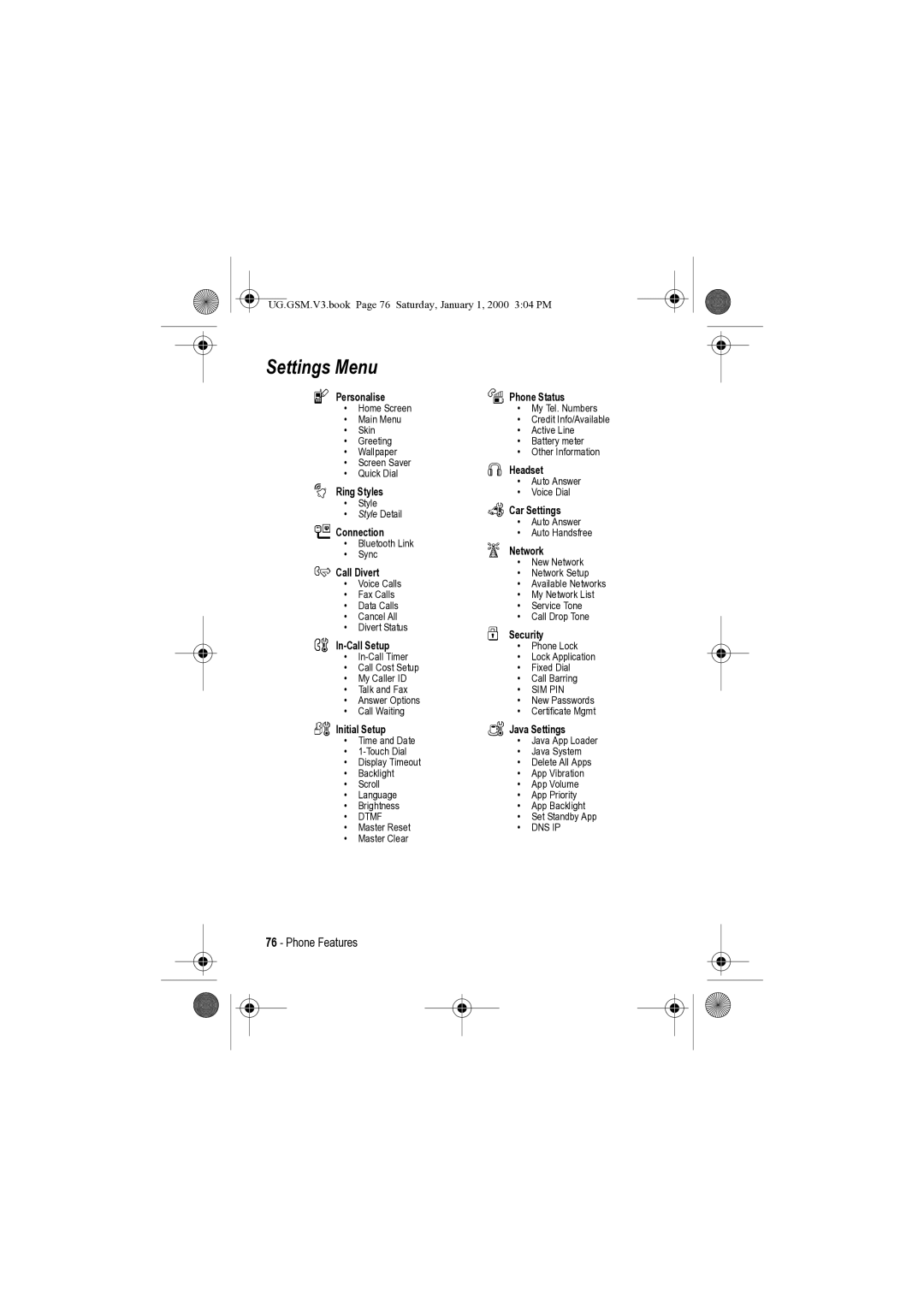 Motorola V3 manual Settings Menu, Personalise Phone Status 