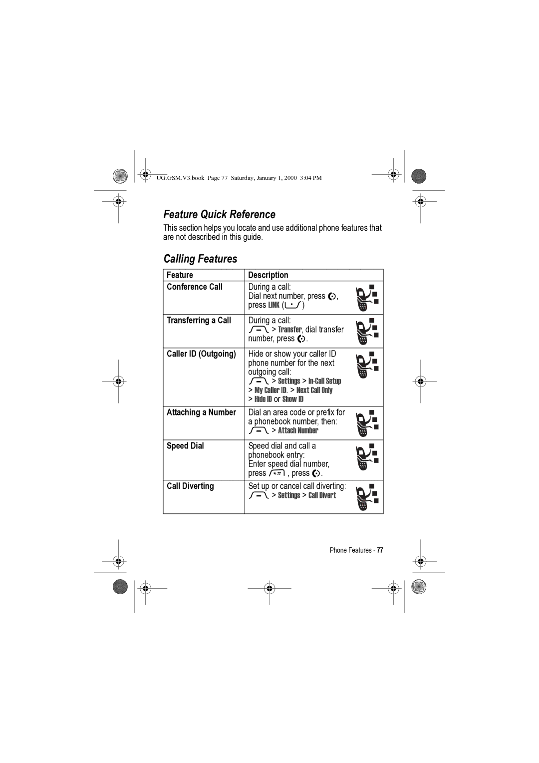 Motorola V3 Feature Quick Reference, Calling Features, Feature Description Conference Call, Speed Dial, Call Diverting 