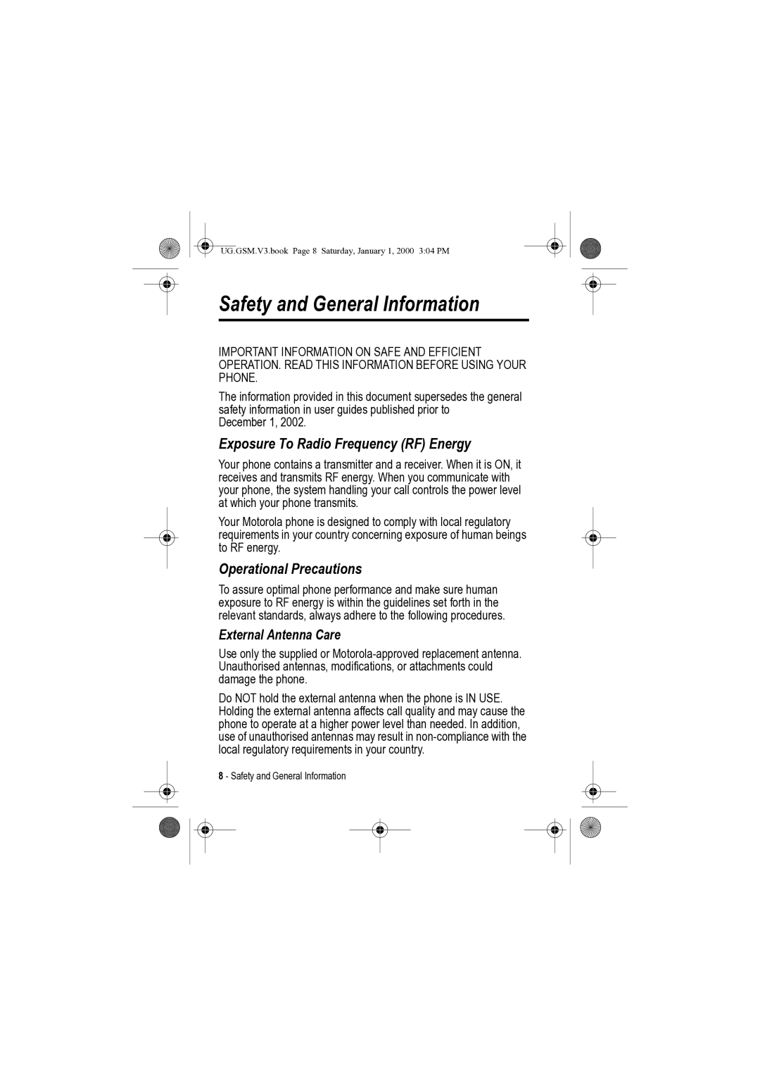 Motorola V3 Safety and General Information, Exposure To Radio Frequency RF Energy, Operational Precautions, December 1 