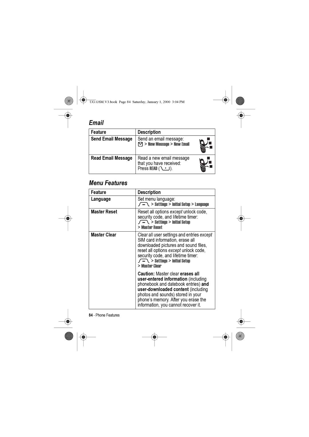 Motorola V3 manual Menu Features, Feature Description Language, Master Reset, Master Clear 