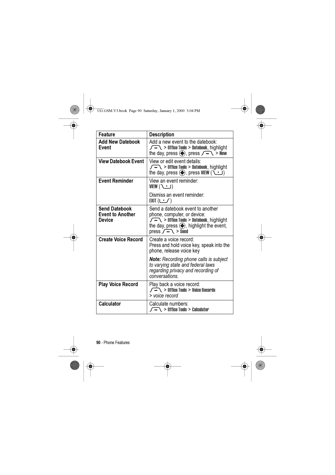 Motorola V3 manual Event Reminder, Send Datebook, Event to Another, Calculator 