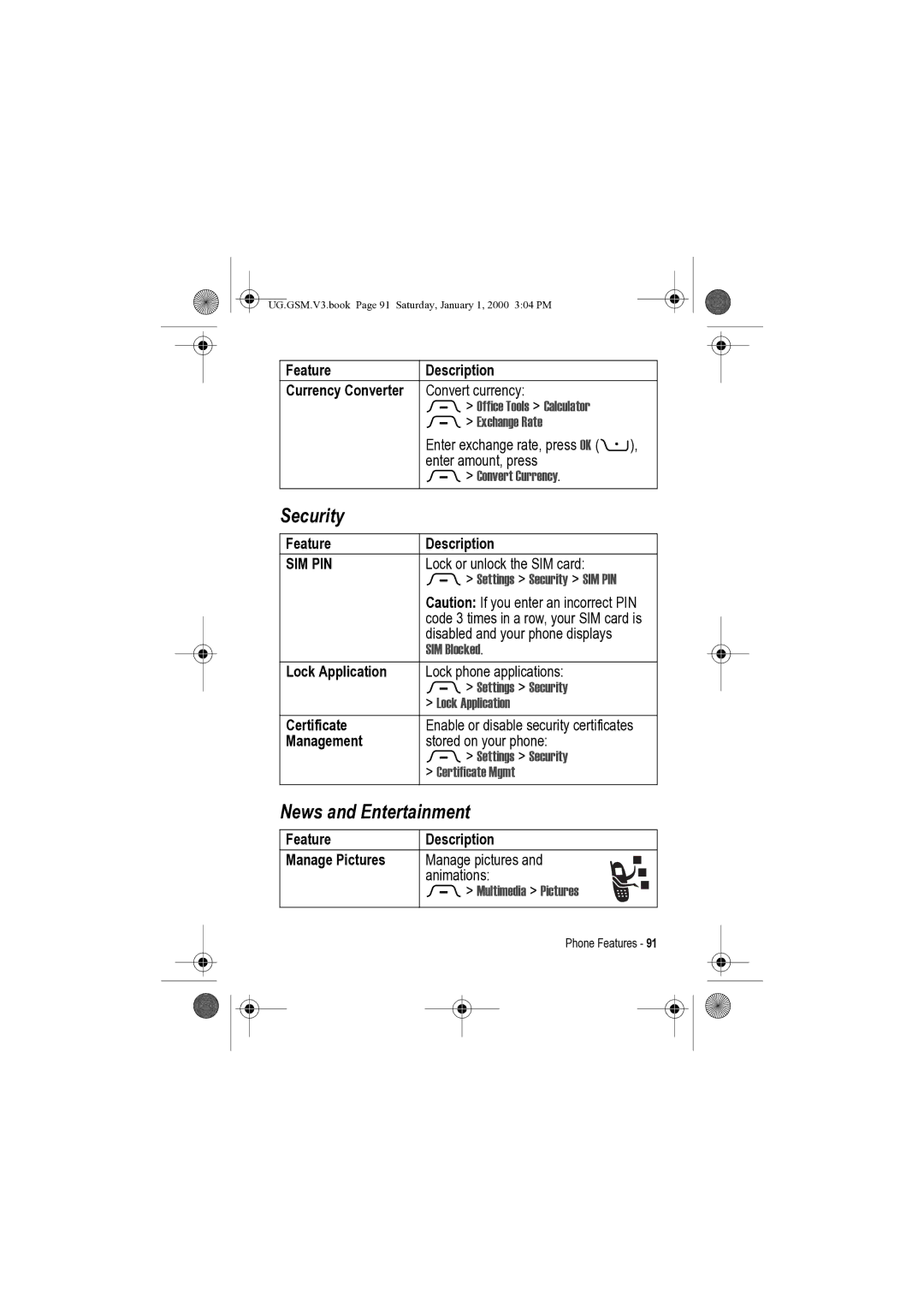 Motorola V3 manual Security, News and Entertainment 