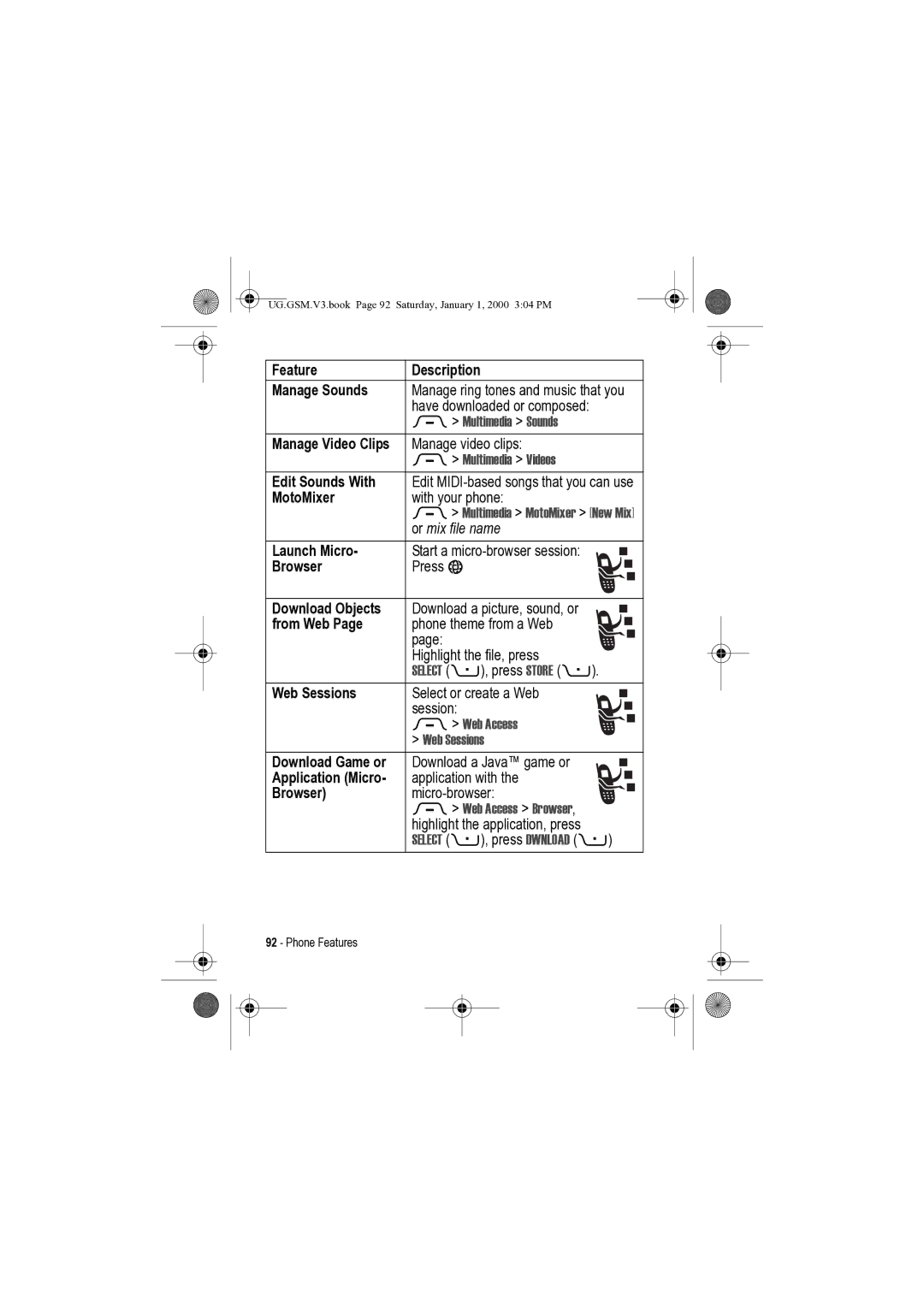 Motorola V3 Feature Description Manage Sounds, Edit Sounds With, MotoMixer, Launch Micro, Browser, From Web, Web Sessions 