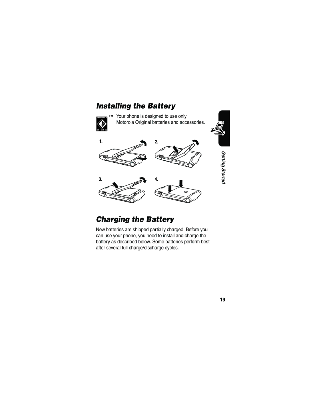 Motorola V3 manual Installing the Battery, Charging the Battery 