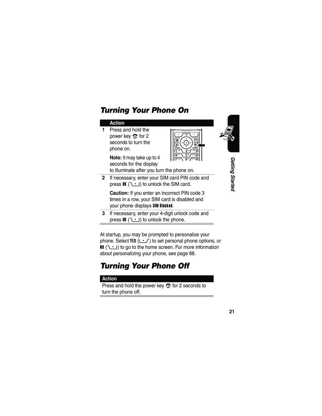 Motorola V3 manual Turning Your Phone On, Turning Your Phone Off 