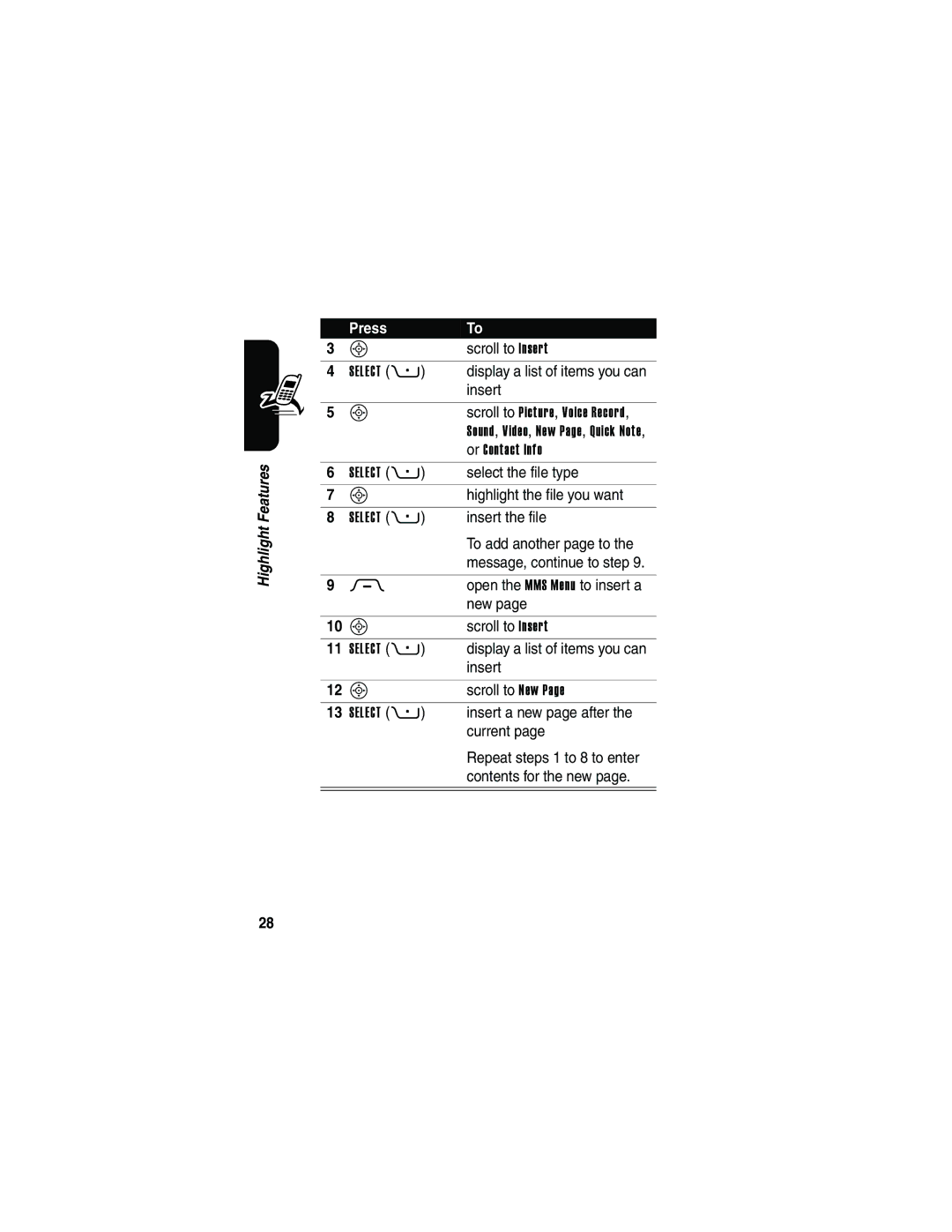 Motorola V3 Scroll to Insert, Select the file type, Highlight the file you want, Insert the file, To add another page to 