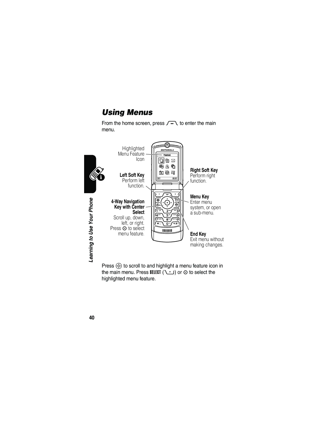 Motorola V3 manual Using Menus, Right Soft Key Left Soft Key, End Key 