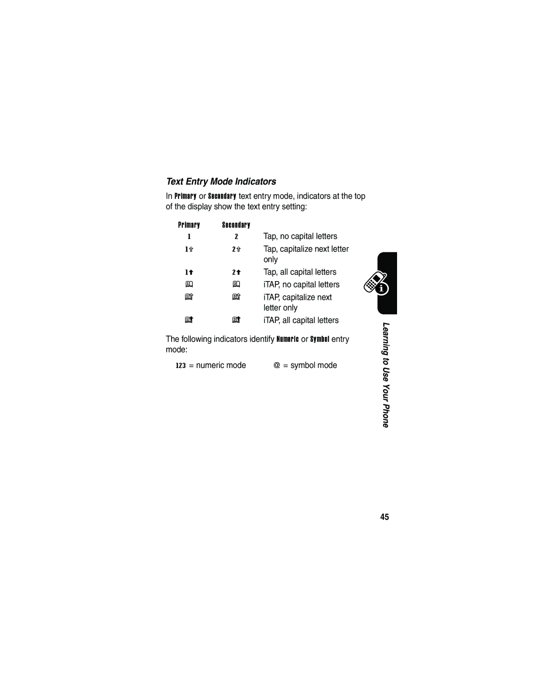 Motorola V3 manual Text Entry Mode Indicators 