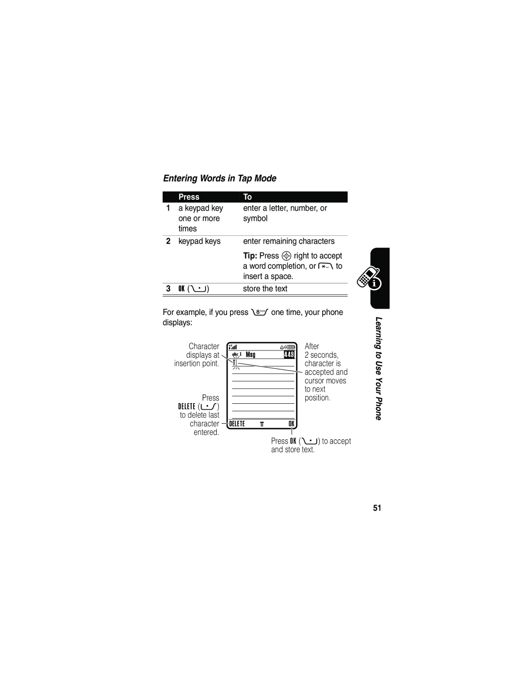 Motorola V3 manual Entering Words in Tap Mode 