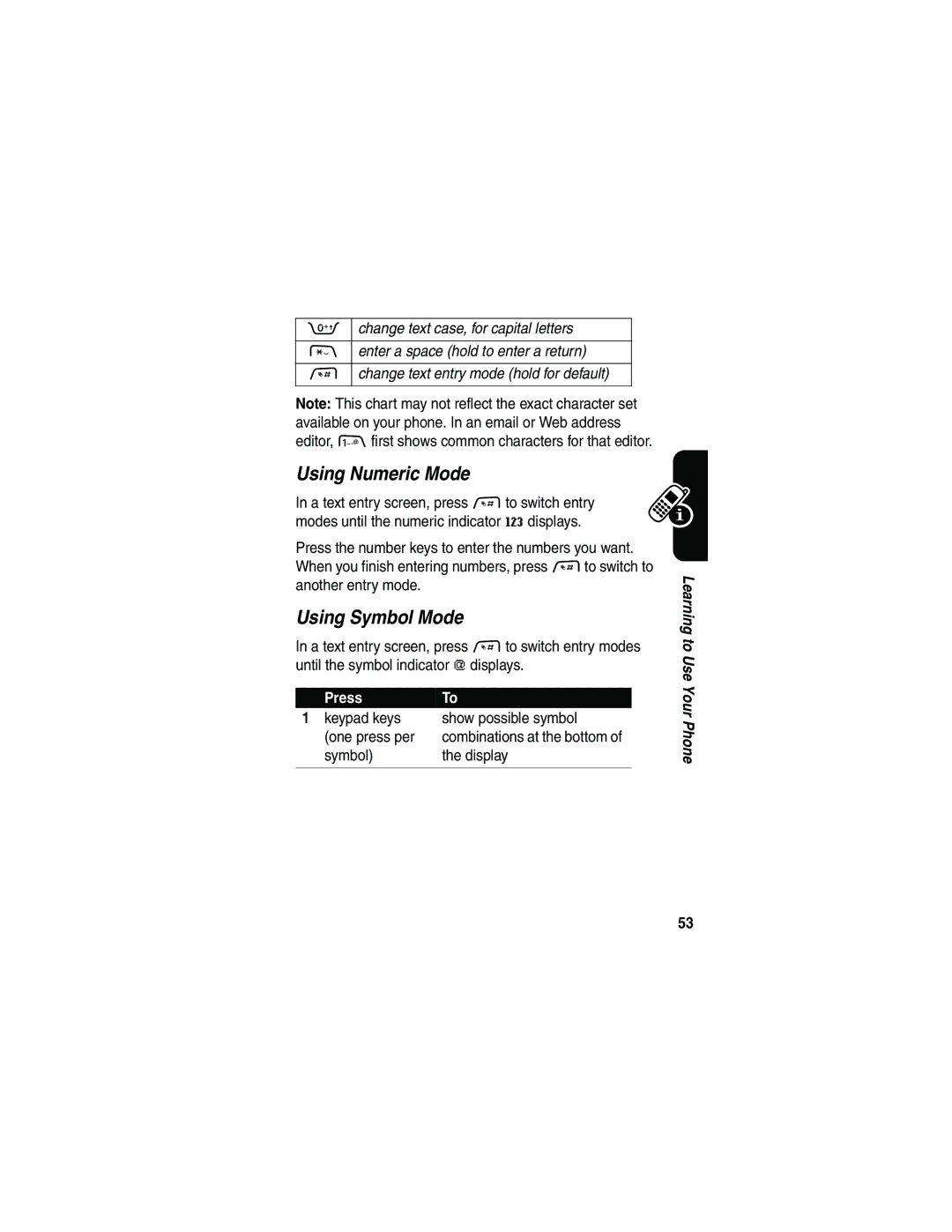 Motorola V3 manual Using Numeric Mode, Using Symbol Mode, Keypad keys Show possible symbol One press per, Symbol Display 