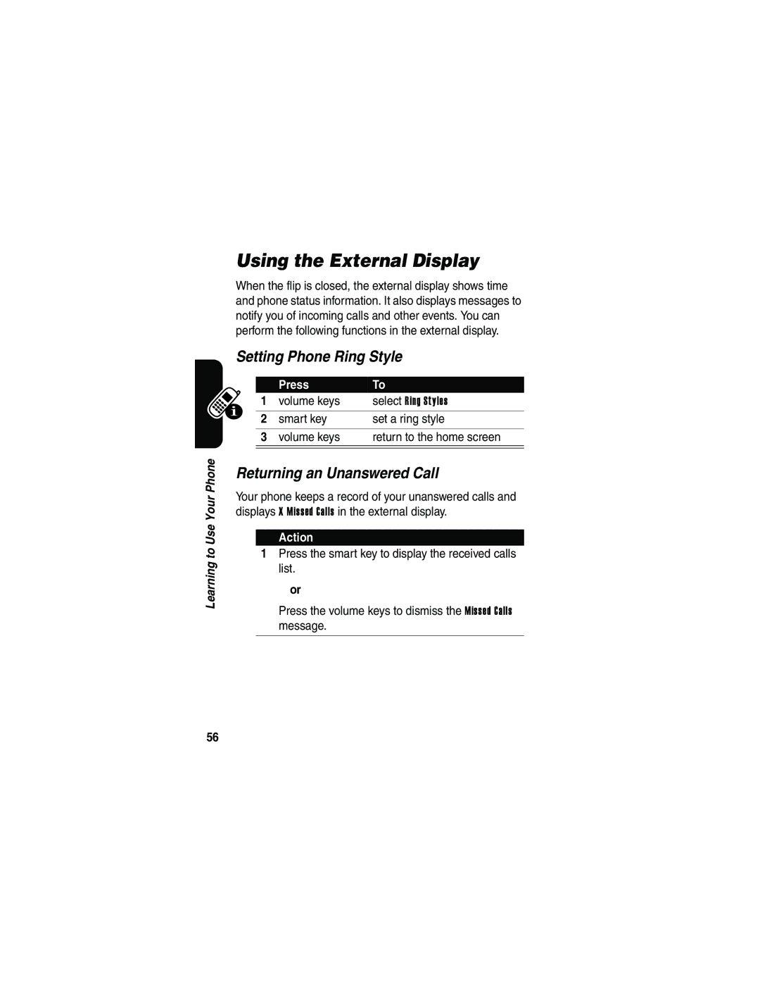 Motorola V3 manual Using the External Display, Setting Phone Ring Style, Returning an Unanswered Call, Volume keys 