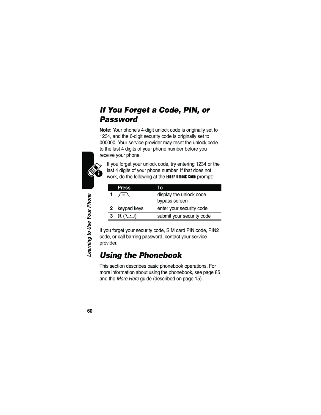 Motorola V3 manual If You Forget a Code, PIN, or Password, Using the Phonebook 