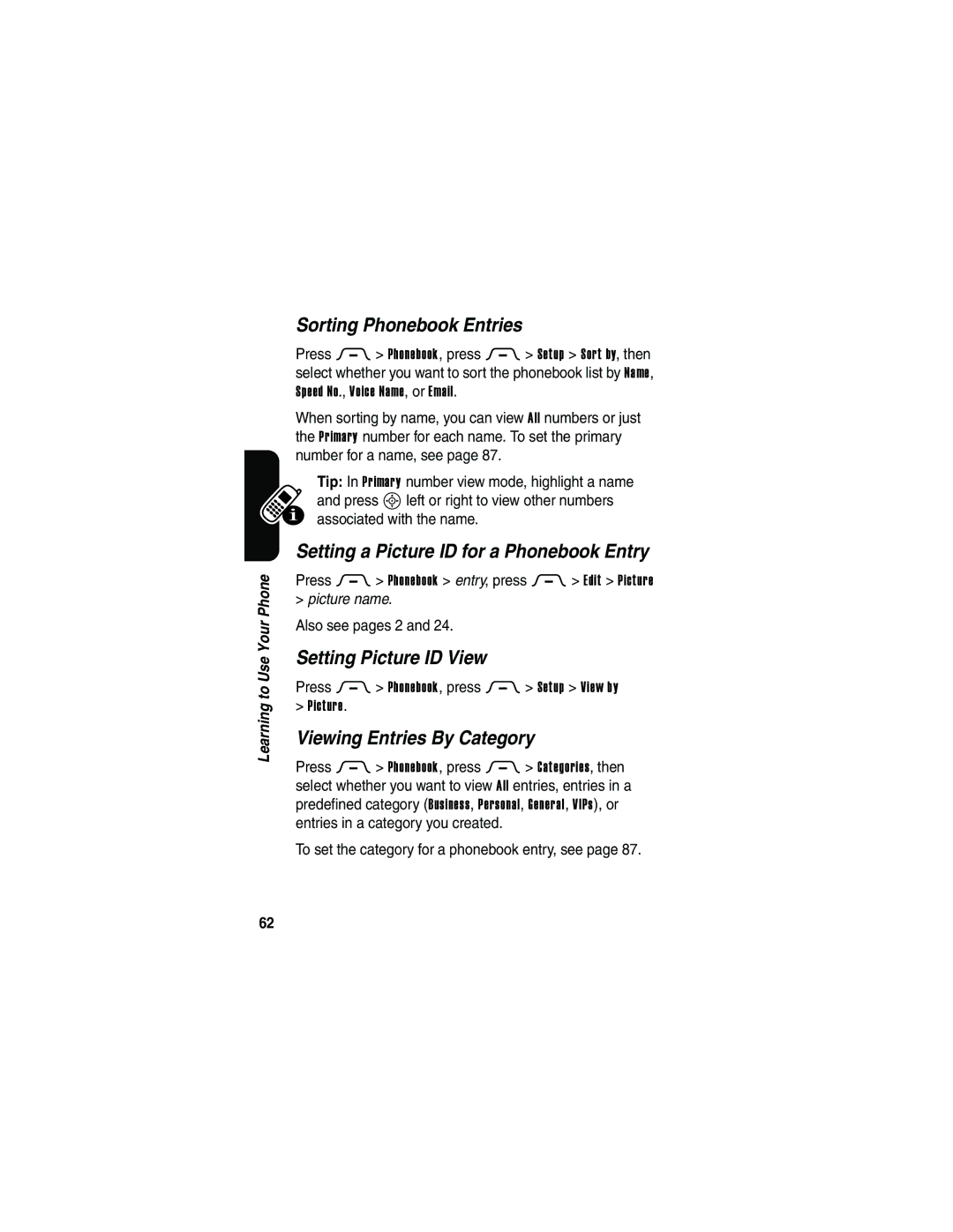 Motorola V3 manual Sorting Phonebook Entries, Setting a Picture ID for a Phonebook Entry, Setting Picture ID View 