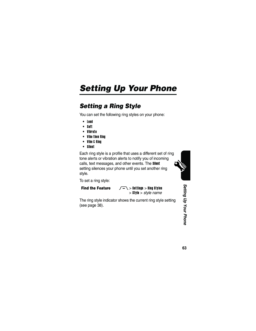 Motorola V3 manual Setting Up Your Phone, Setting a Ring Style, You can set the following ring styles on your phone 