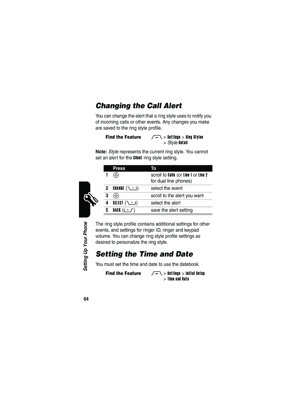 Motorola V3 manual Changing the Call Alert, Setting the Time and Date 