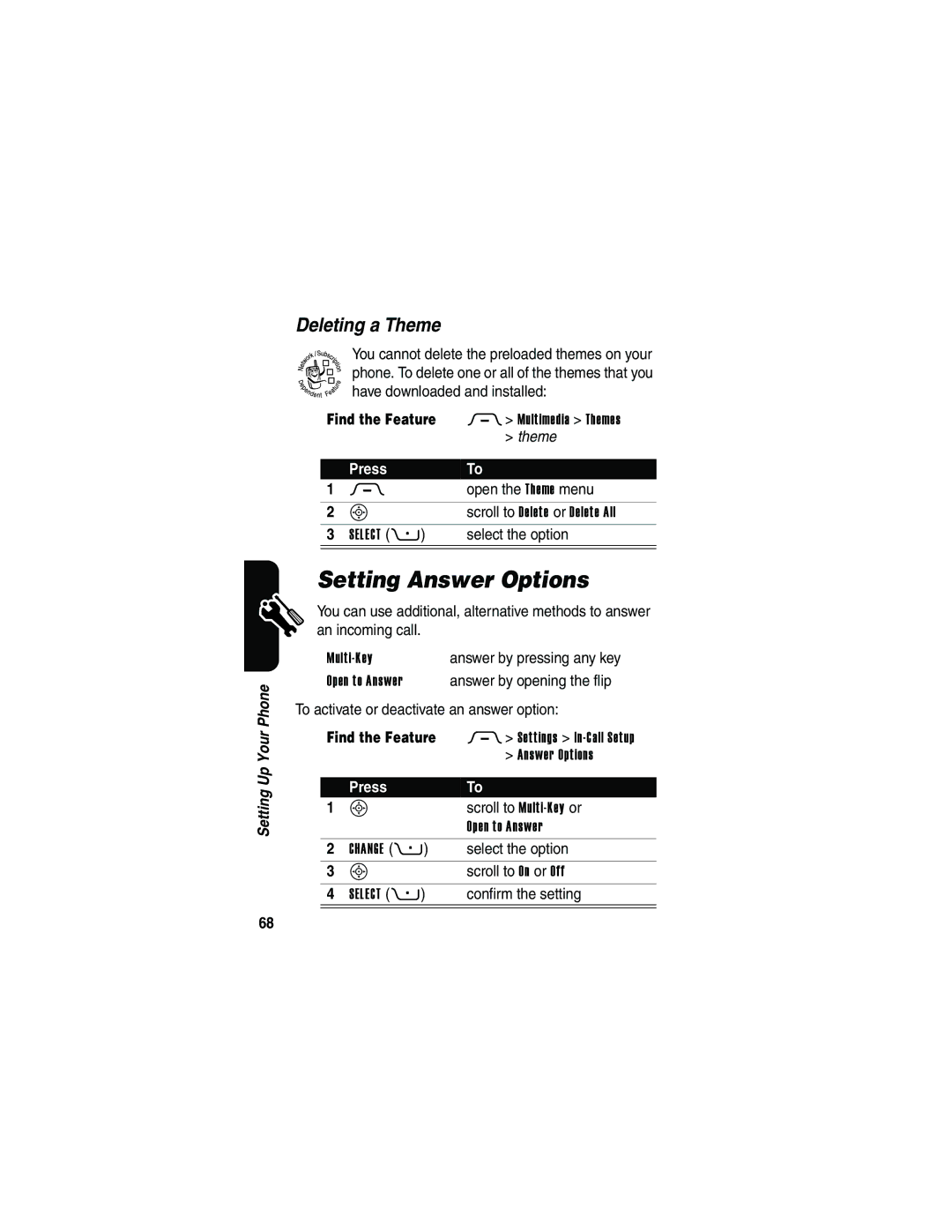 Motorola V3 manual Setting Answer Options, Deleting a Theme 